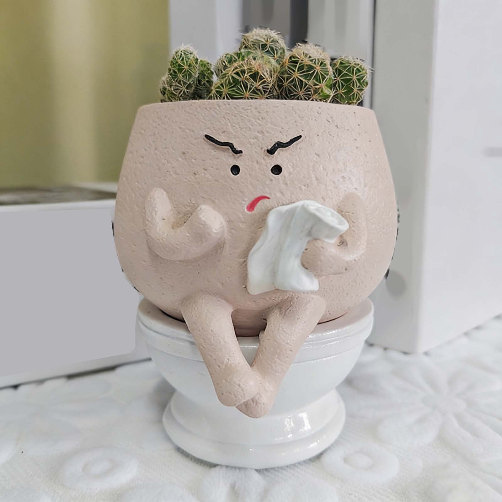 YANDE-5in Face Flower Pots, Cute Planter Outdoor Handmade Resin Head Planters for Indoor Self Watering Toilet Succulent Pot with Drainage Hole Unique Home Decor Quirky Gardening Gift (Khaki)