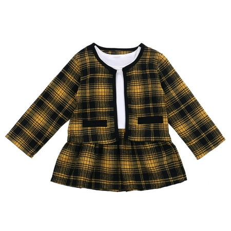 

Christmas Baby Girls Lovely Dress Plaid Print Long Sleeve Tops+Coat Party 2Pcs New Year Suits