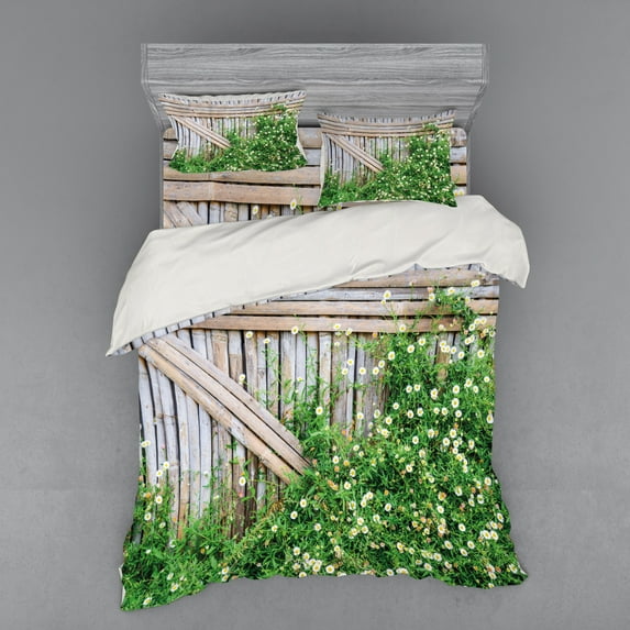 Ambesonne Rural Bedding Set 4 Pcs, Summer Themed Backyard Image, Queen, Pale Brown and Green