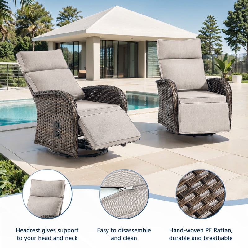 3-Piece Patio Swivel Recliner Chairs with Side Table, Outdoor Wicker Reclining Lounge Chairs with Adjustable Back and Footrest, Rattan Outdoor Furniture Set with Beige Cushions