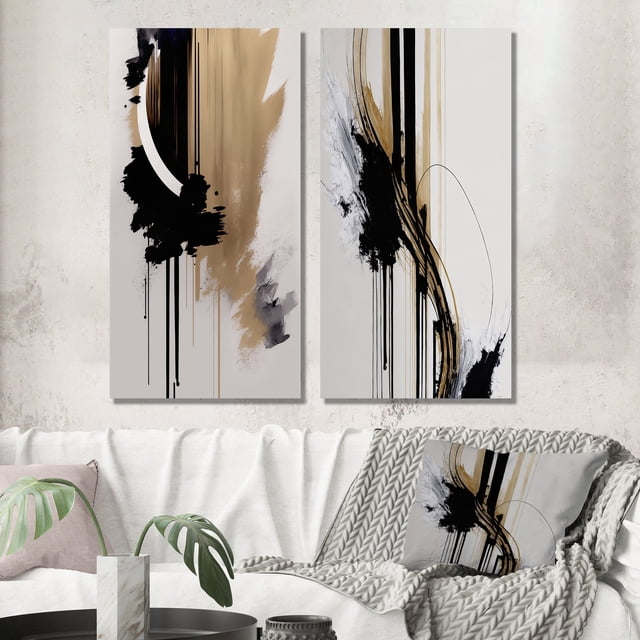 Designart "Expression in Black, White, and Gold III" Abstract Wall Art Set Of 2 - Black Geometric Wall Decor Set Of 2