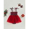 thumbnail image 5 of Baby Toddler Girl Romper Dresses 0 3 6 12 18 Months Casual Plaid Print Summer Sleeveless Jumpsuit with Mesh Skirt and Headband Set, 5 of 9