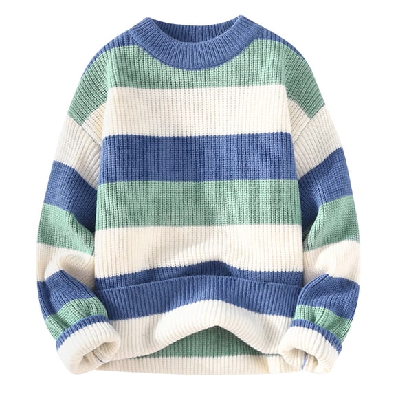 Miluxas Men's Colorful Striped Knitted Sweater Crew Neck Sweater Long Sleeve Crew Neck Top Blue