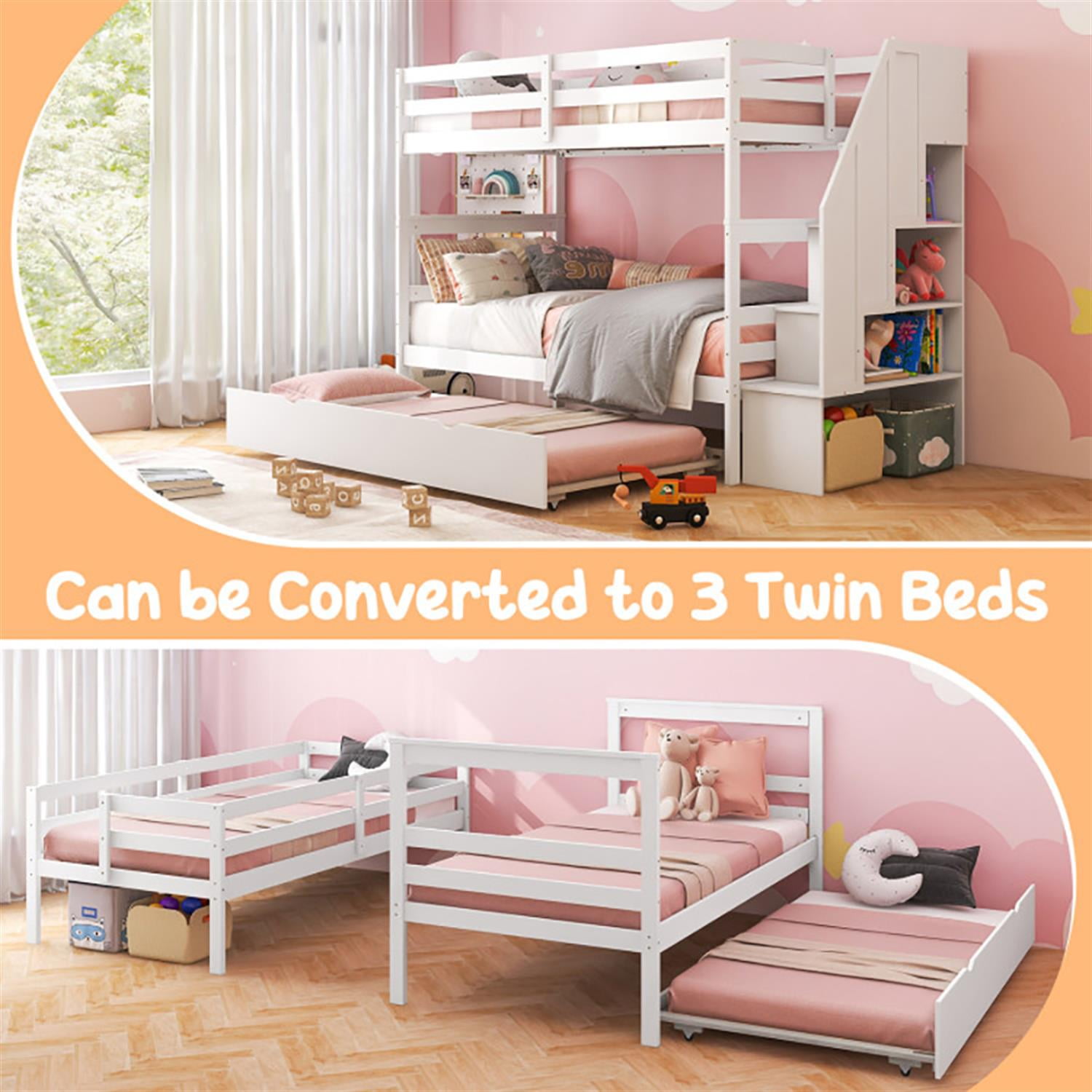 Demi Bonn Home Wood Bunk Bed with Guard Rail and 4-step Storage Stairs, Twin Bunk Beds, No Box Spring Needed, White
