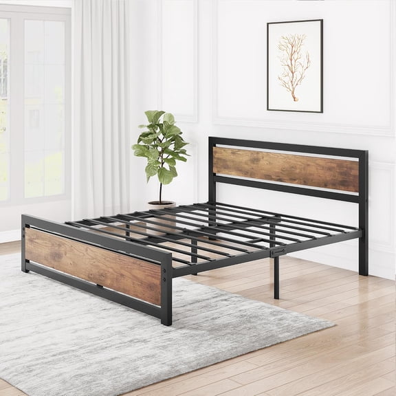 King Size Bed Frame with Wooden Headboard & Footboard, Industrial Platform, 14" Steel Slats, No Box Spring, Brown