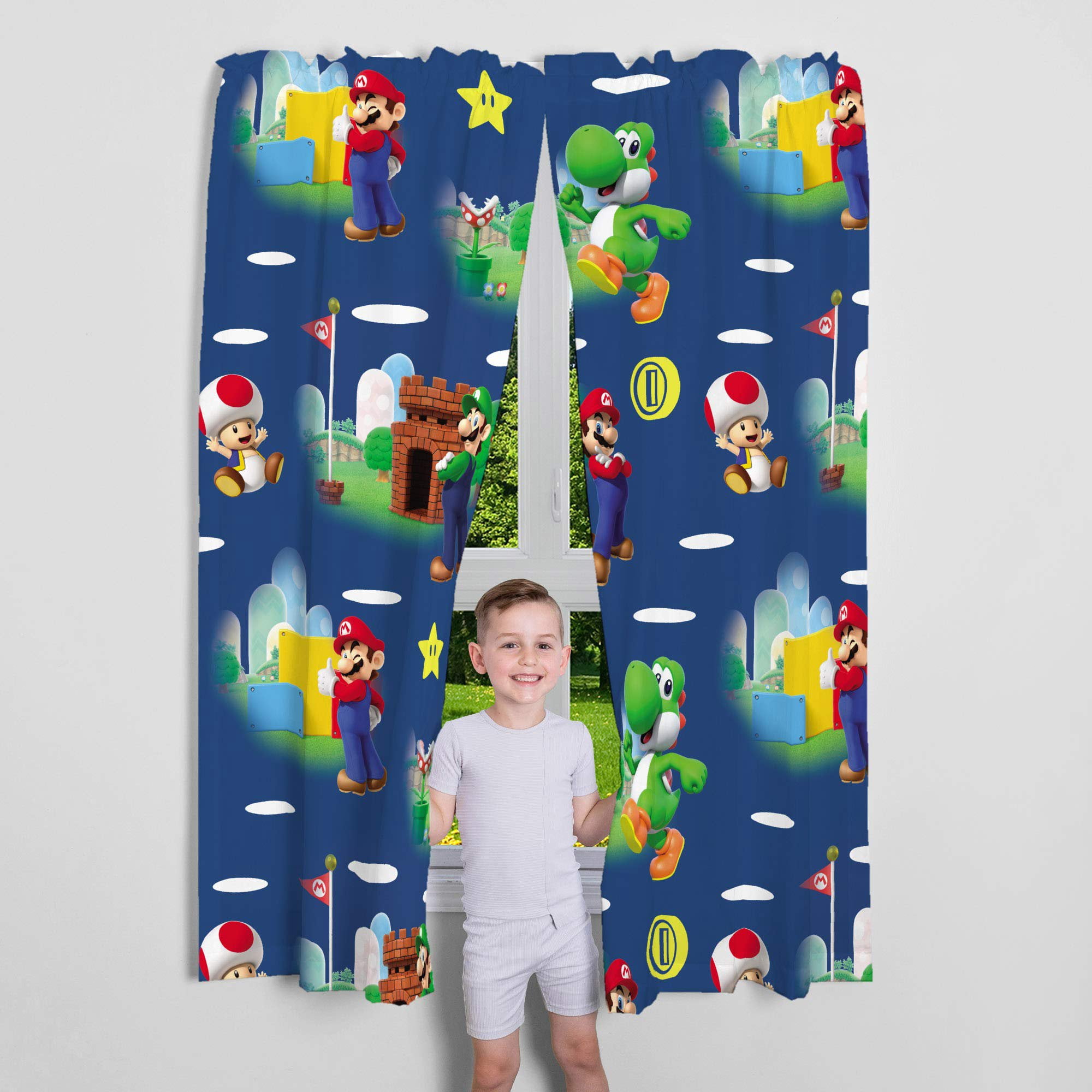 Franco Kids Blue Super Mario Rod Pocket Light Filtering Curtains, 41" x 63" (2 Panels)