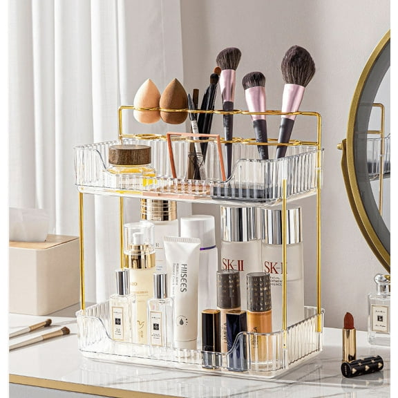 Niulife Makeup Organizer for Vanity,2-Tier Bathroom Organizer Countertop with Makeup Brush Holder,Acrylic Bathroom Organizer for Makeup Cosmetics,Lotions,Perfumes-Clear