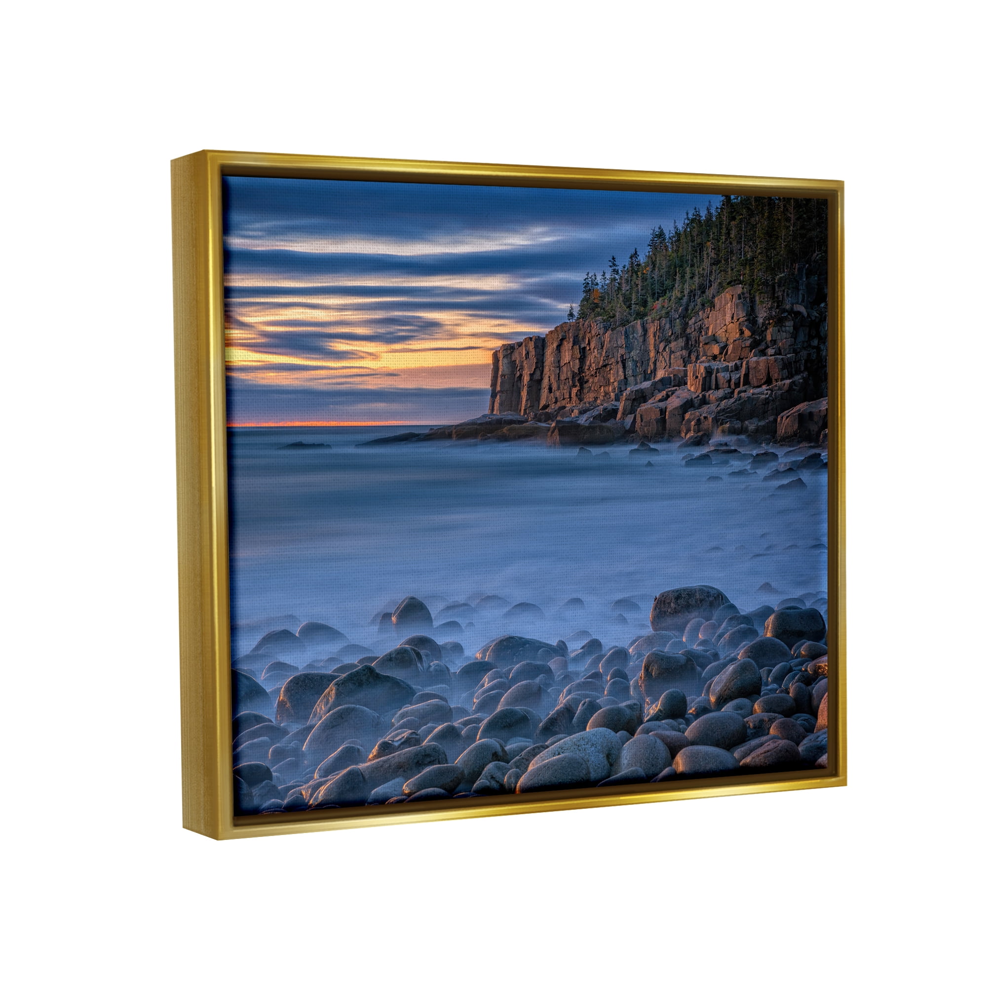 Stupell Foggy Seaside Rocks at Sunset Landscape Photography Gold Floater Framed Art Print Wall Art