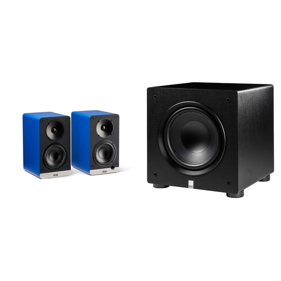 Elac DCB41-BL - Debut ConneX 4.5" Powered Speakers - Blue, Pair and Elac PS250-BK - Varro Premium 10" 250 Watt Powered Subwoofer with Auto-EQ