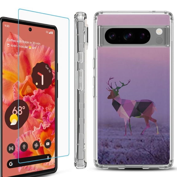 OneToughShield ® Compatible with Google Pixel 8 Pro, Shockproof Phone Case, with Tempered Glass Screen Protector - Deer/Polygon