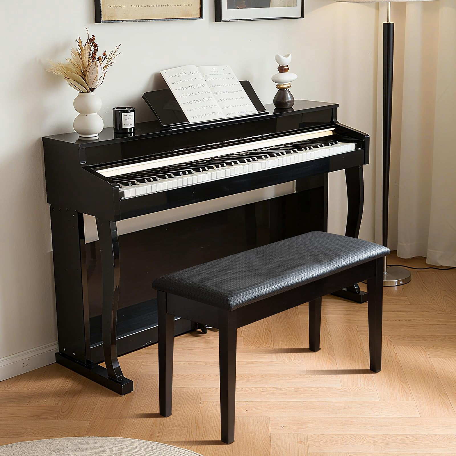 Duet Piano Bench With Storage For Music Books  Waterproof Synthetic Leather Padded Stool Oak Wood Keyboard Holds 350 Lbs Soft Cushioned Easy Assembly 29.5"x13.2"x19.5" Black