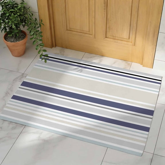 Beige Stripe Door Mat, Non Slip Bathroom Rugs, Modern Abstract Art Navy Blue Striped Rustic Absorbent Floor Mats, Washable Runner Rug Indoor Doormat for Front Door Entrance, Patio, Garage 16"x24"