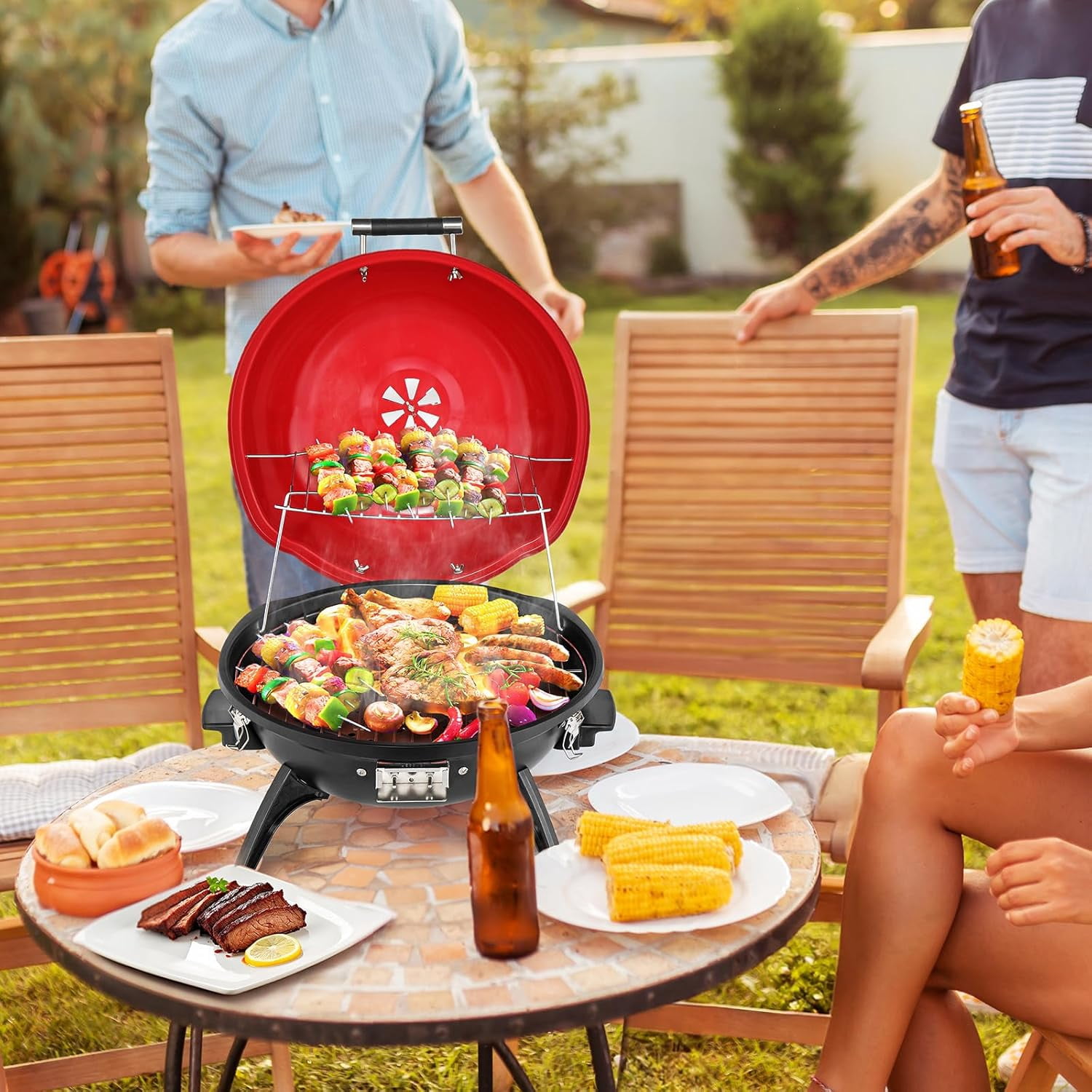 ROVSUN Tabletop Electric Grill with Temperature Control, Double Layer Design, 304 stainless, Portable Removable -Perfect Small Stove for Indoor and Outdoor BBQ, 1600W, Black