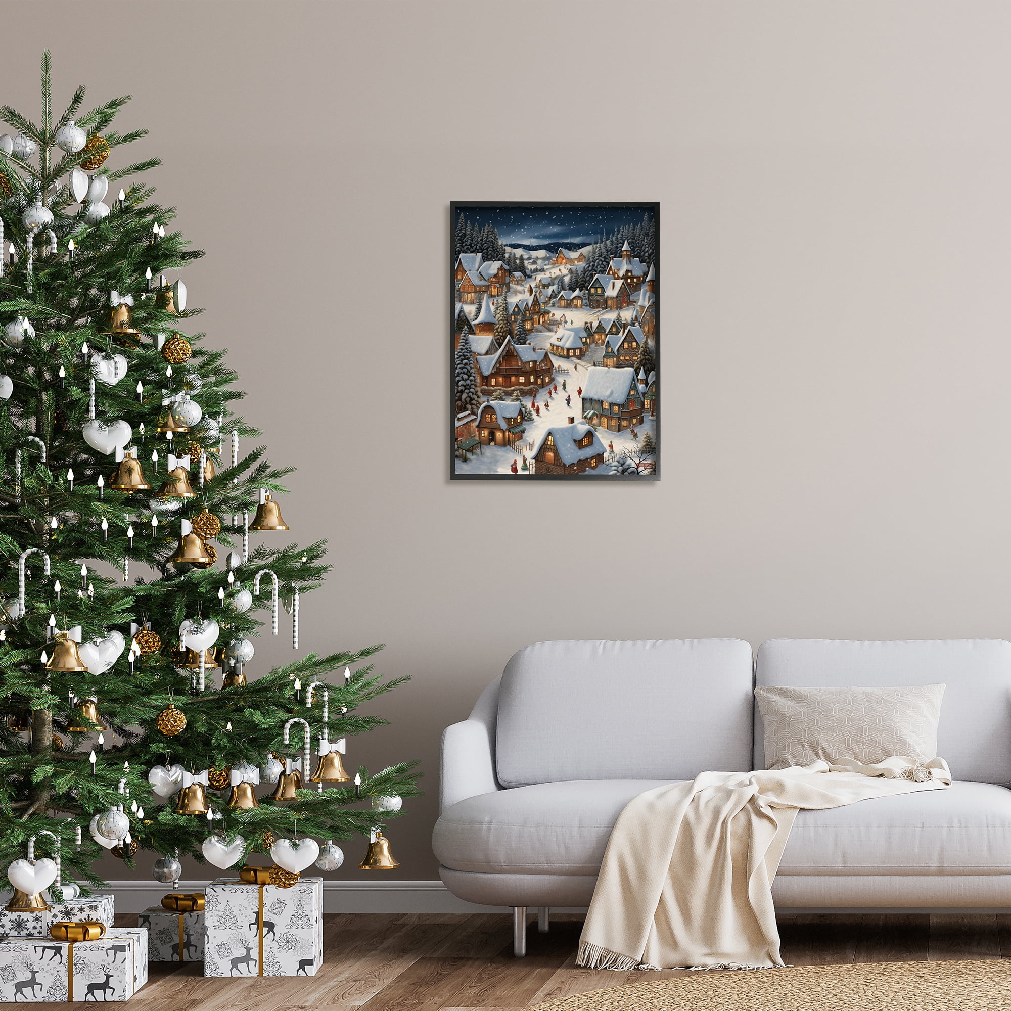 Stupell Industries Snowy Christmas Village Holiday Painting Black Framed Art Print Wall Art, 24 x 30