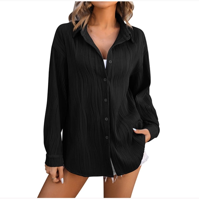 Timegard Womens Tops Fall Textured Button up Long Sleeve Shirts Casual Dressy Work Loose Blouse Fall