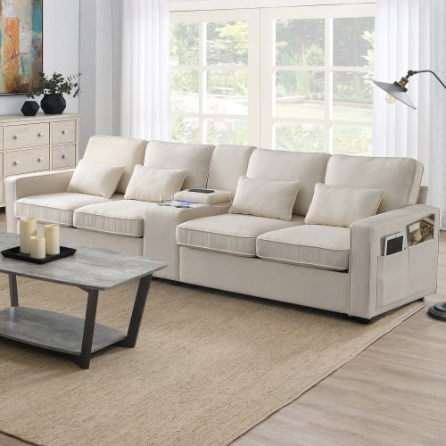 Upholstered Sofa, Linen Fabric Couch with Stowable Console, 2 Cup
