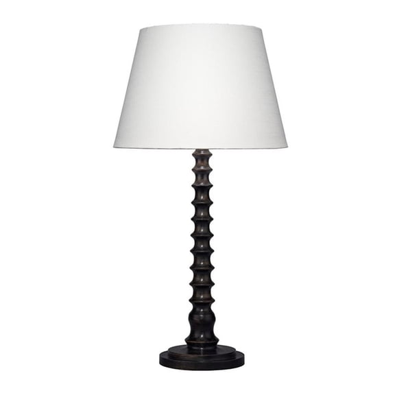 Maklaine Hand-Carved Mango Wood Table Lamp in Black with Linen Shade