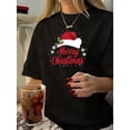 thumbnail image 1 of Women's Vintage Christmas Graphic T-Shirt - Casual Round Neck Short Sleeve Tee with Festive Santa Hat & Snowflake Design, Black Polyester Knit Top for Holiday Season, Christmas Shirts, 1 of 6