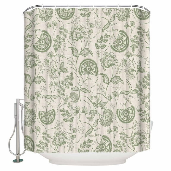 Farmhouse Sage Green Floral Shower Curtain, 60" x 72", Linen Boho Paisley Flower Rustic Waterproof Bathroom Curtain Washable Shower Curtain Set with 12 Hooks
