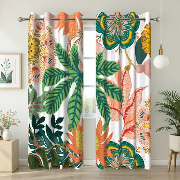 Boho Floral Blackout Curtains for Living Room,Tropical Green Leaves Window Drapes for Bedroom,52x84 Inch,2 Panels