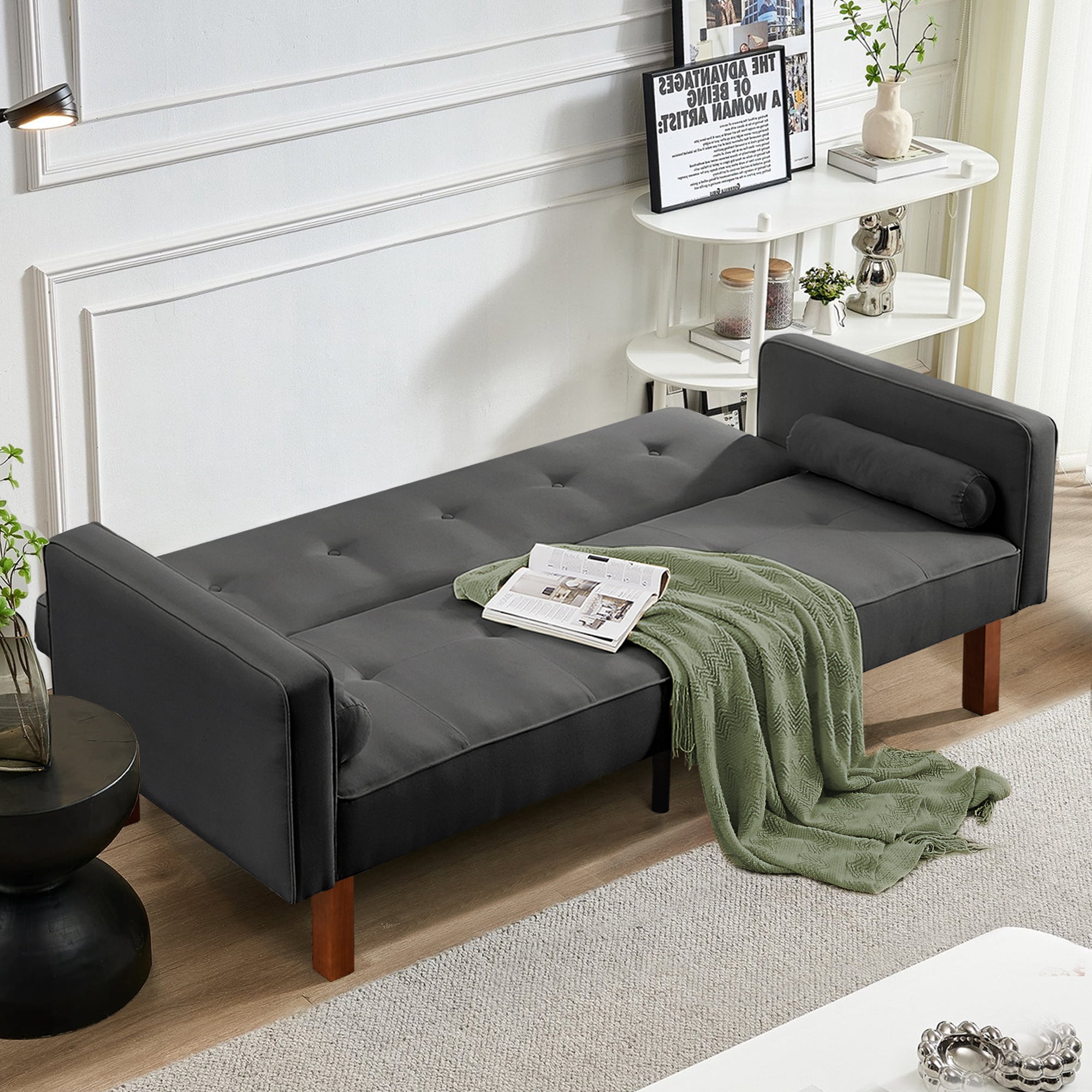 Futon Sofa Bed,Modern Dark Gray Convertible Couch Bed with Armrests,Fabric Linen Sofa Bed,Folding Recliner Futon Sleeper Sofa