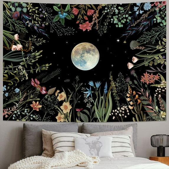 HZKAICUN Moonlit Garden Tapestry Moon Tapestry Flower tapestry Colorful Plants Tapestry Black Tapestry Wall Hanging Decor for Room