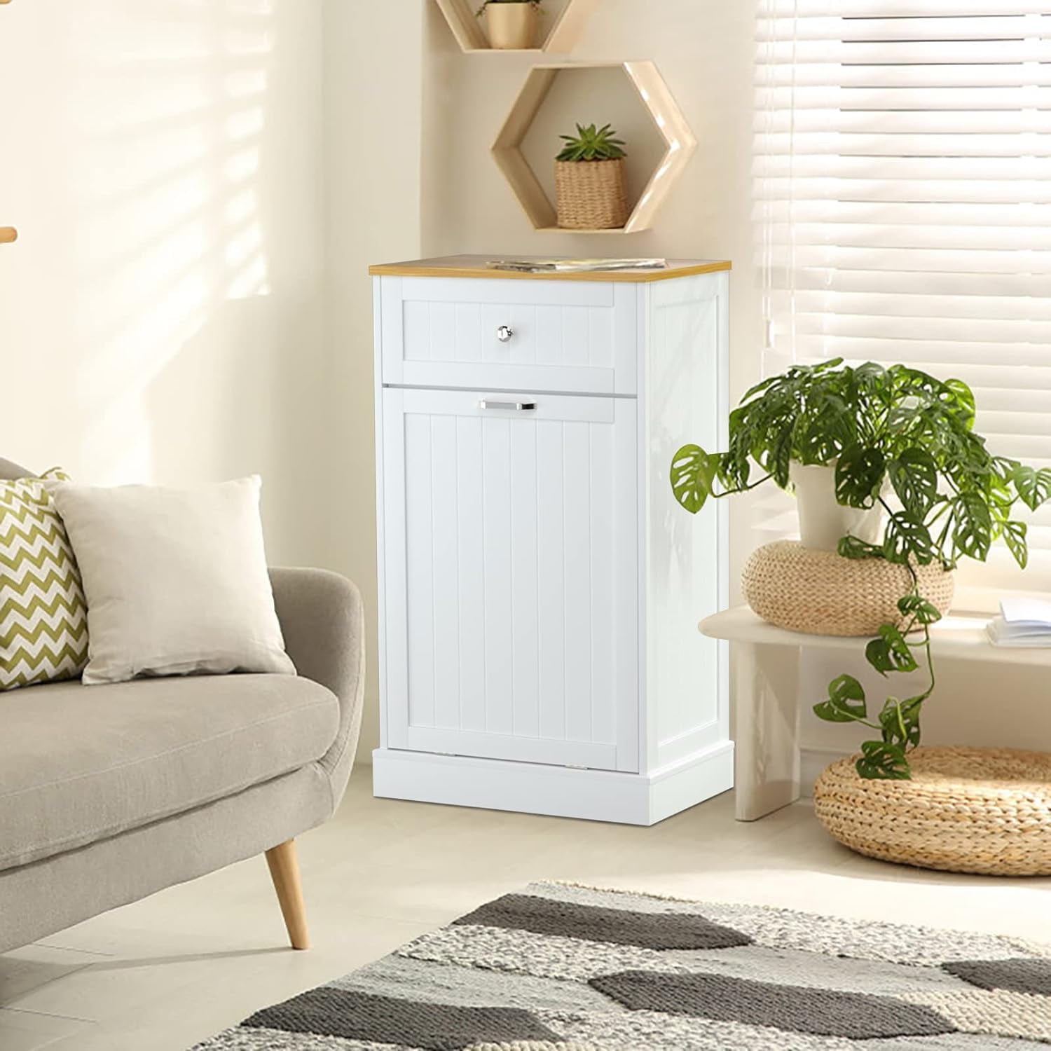 Reliancer Tilt Out Trash Can Cabinet with Hideaway Drawer, 10 Gallon Kitchen Free Standing Storage Can Holder Garbage Recycling Cabinet for Kitchen, White