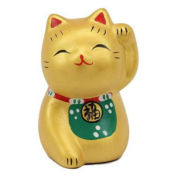 Japanese Lucky Charm Beckoning Cat Gold Maneki Neko With Baby Bib Mini Figurine