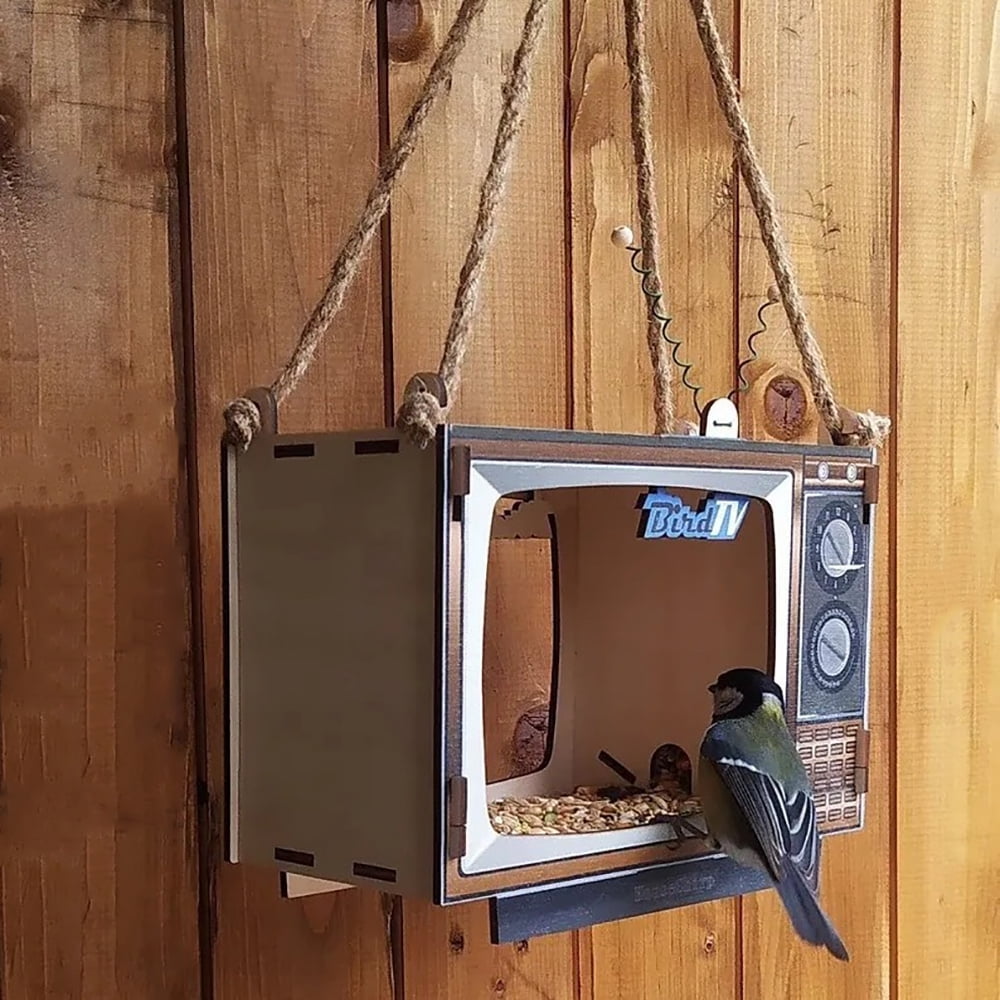 Bird Feeders for Outdoors Hanging Wooden Bird Feeder Creativity TV Shaped Bird Feeder Outside, Yard, Garden Backyard Decoration as Gift Ideas for Bird Lovers