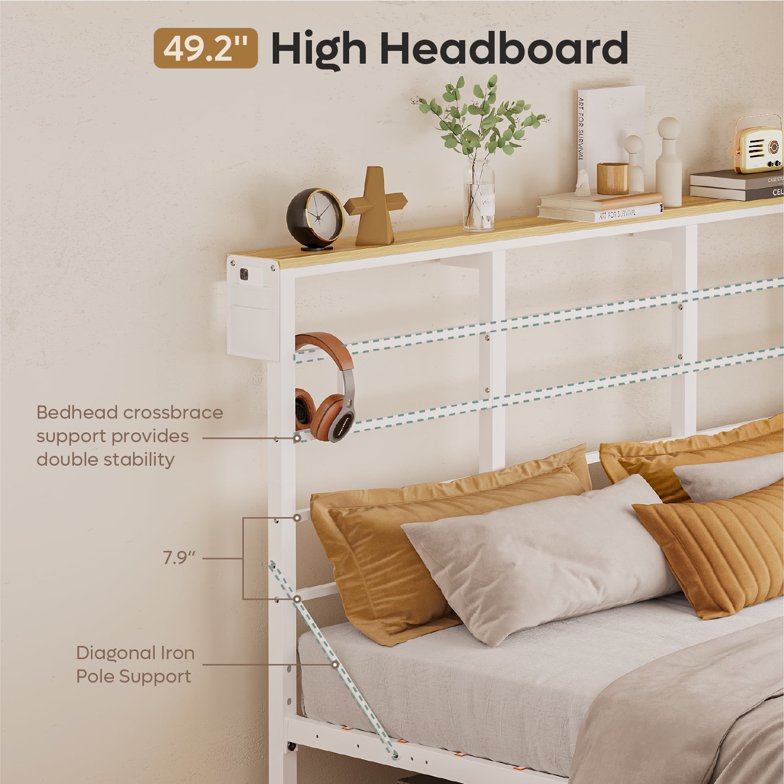Bestier LED King Size Bed Frame with Headboard & Charging Station, Metal Platform Bed with 15.7'' Large Under Bed Storage, White