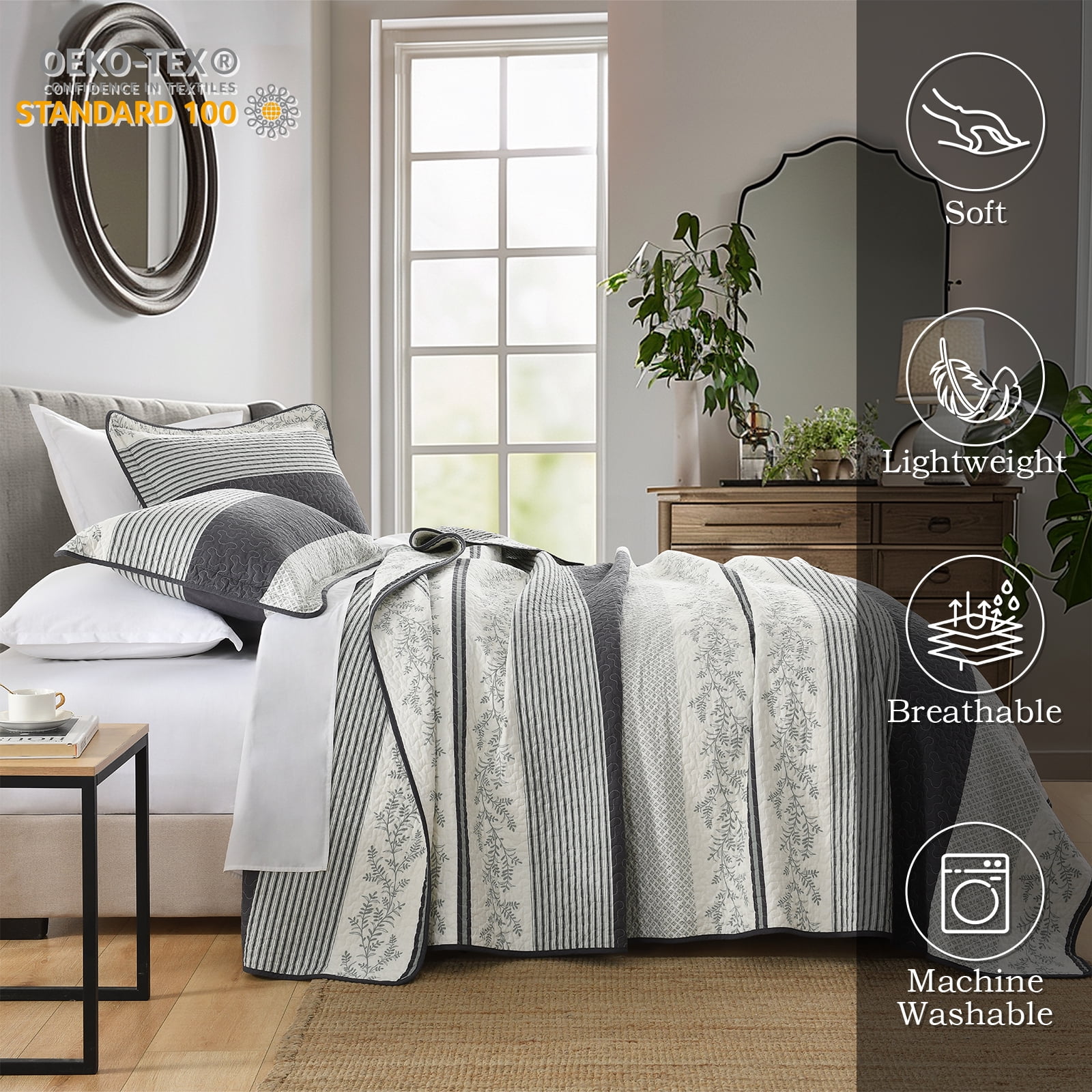Y-PLWOMEN 100% Cotton Quilt Queen Size - Dark Gray Striped Lightweight Beige Quilt, Floral Quilted Bedspread Lightweight Comforter Set, Soft Bed Spread for Queen Bed with Pillow Shams
