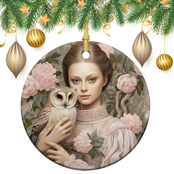 Pink Girl With Owl Ceramics Ornaments Funny Bird Christmas Tree Ornaments for Christmas Tree Decoration Xmas Party Decorations Gifts Keepsake for Family
