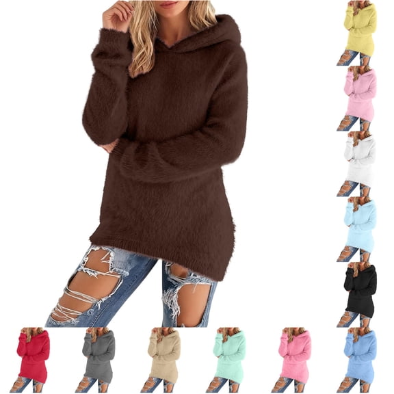 FYDUU Hoodies for Women Solid Color Knit Hoodie Sweaters Cozy Sweatshirt Casual Long Sleeve Pullover Tunic Tops Fall Winter Outfits