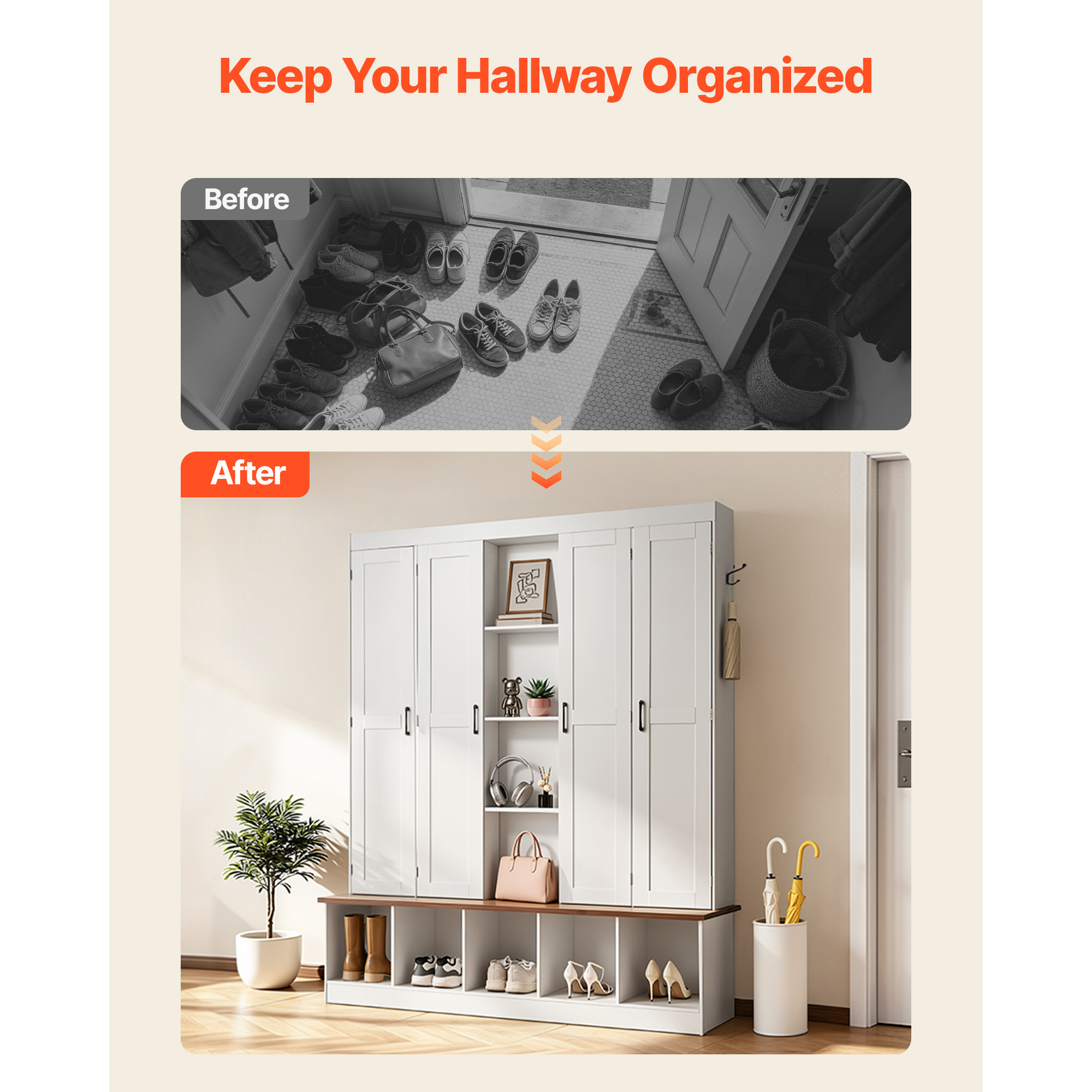KFFKFF 4-in-1 Entryway Hall Tree with Bench, Hooks, Storage Cabinet, and Shoe Organizer, 63" Wide Wooden Furniture for Mudroom, Hallway, and Entryway, White