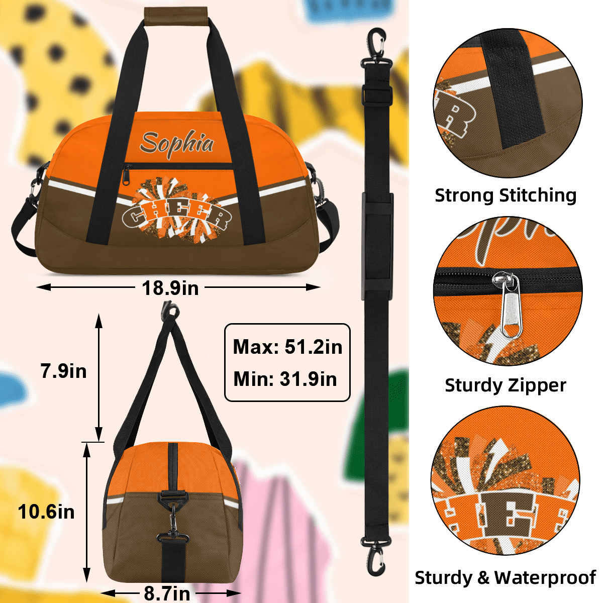 Jiaoprinted Personalized Cheer Bag, Custom Sport Duffel Bag with Name, Customized Cheerleader Dance Bag, Sport Gym Bag Overnight Weekender Bags, Brown Orange