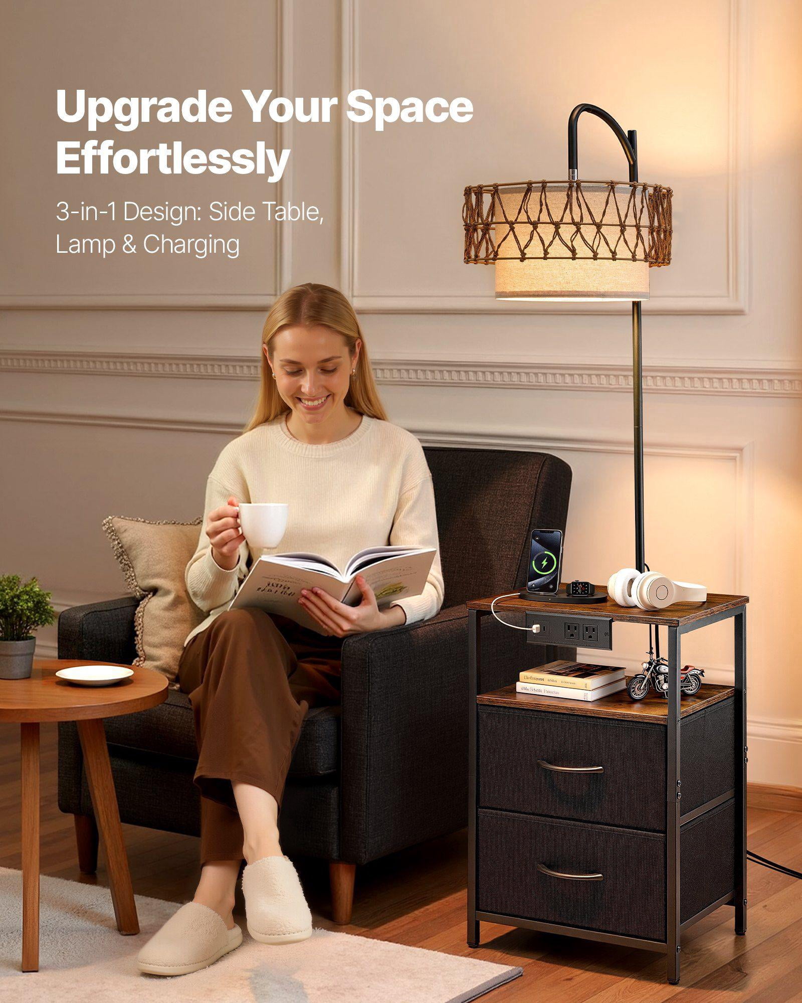 Modern 2 Tier End Table Floor Lamp with 2 Drawers 3 Color Temperature LED Bulb USB Type C AC Charging Port for Living Room Bedroom Dorm