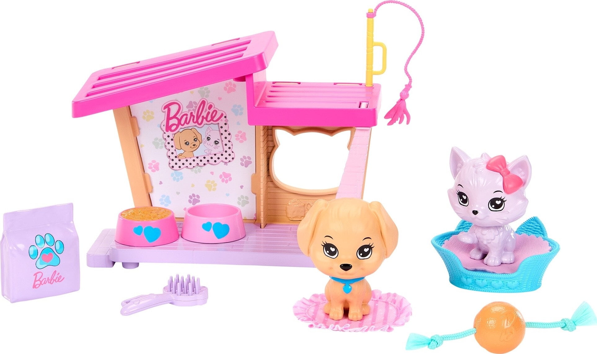 My First Barbie Pet Care Accessories for Preschool Dolls, Dog House with Dog & Cat, 13.5-inch Scale
