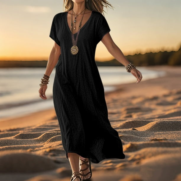 WILLBEST Vestido De Verano Para Mujer, Vestido Informal Holgado De Lino Con Cuello En V Y Manga Corta, Vestido De Día Cómodo De Color Sólido