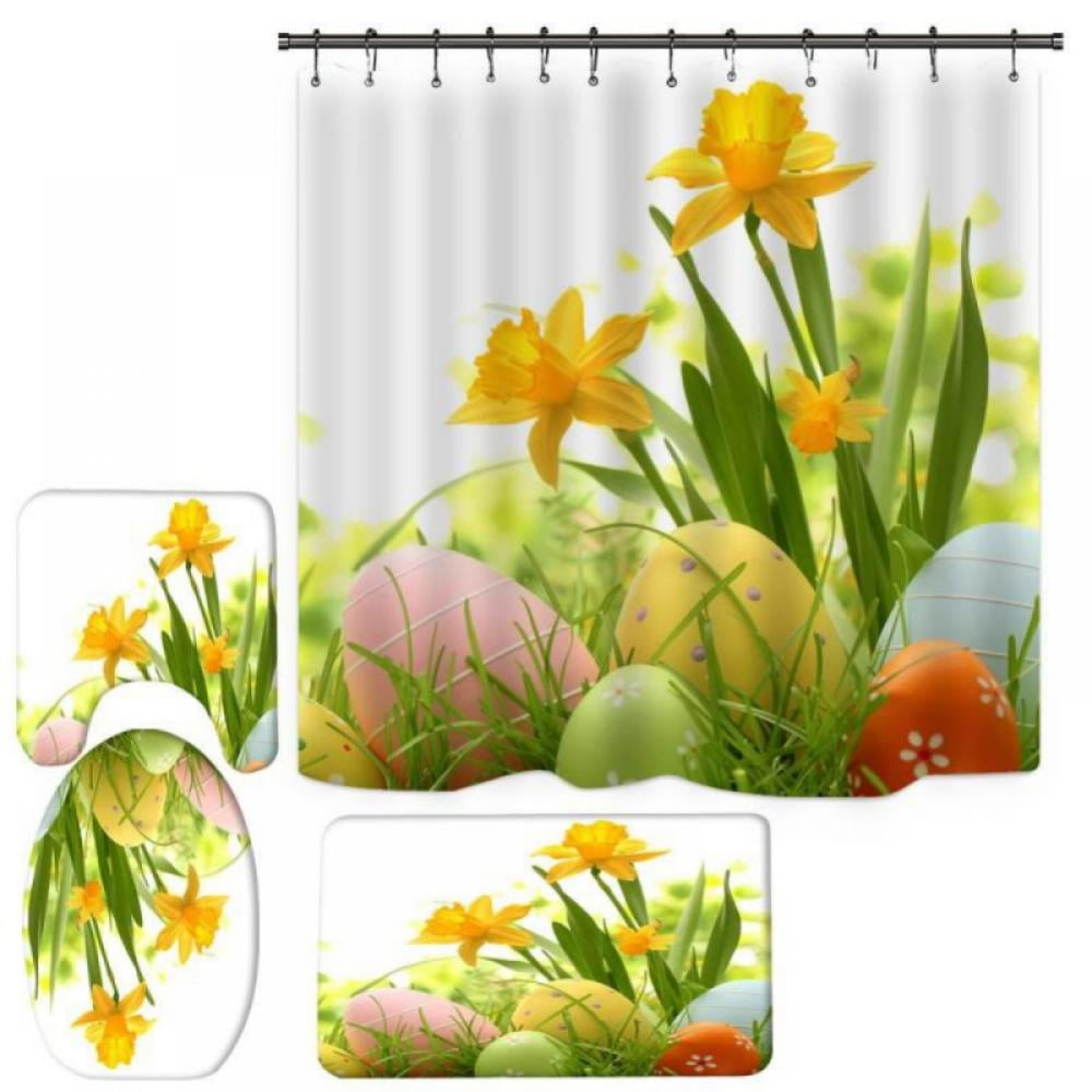 4Pcs Easter Shower Curtain Set with NonSlip Rug, Toilet Lid Cover and