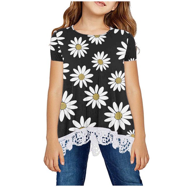 Zpanxa T-Shirts pour Filles à Imprimé Marguerites, Ourlet en Dentelle, Col Rond, Manches Courtes, Haut en Polyester Spandex 8-9 Ans