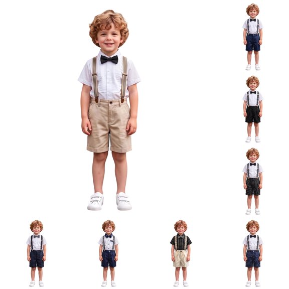 WhouRiu Boys Formal Outfits Short Sleeve Dress Shirts Suspender Pants Sets Kids Summer Party Clothes
