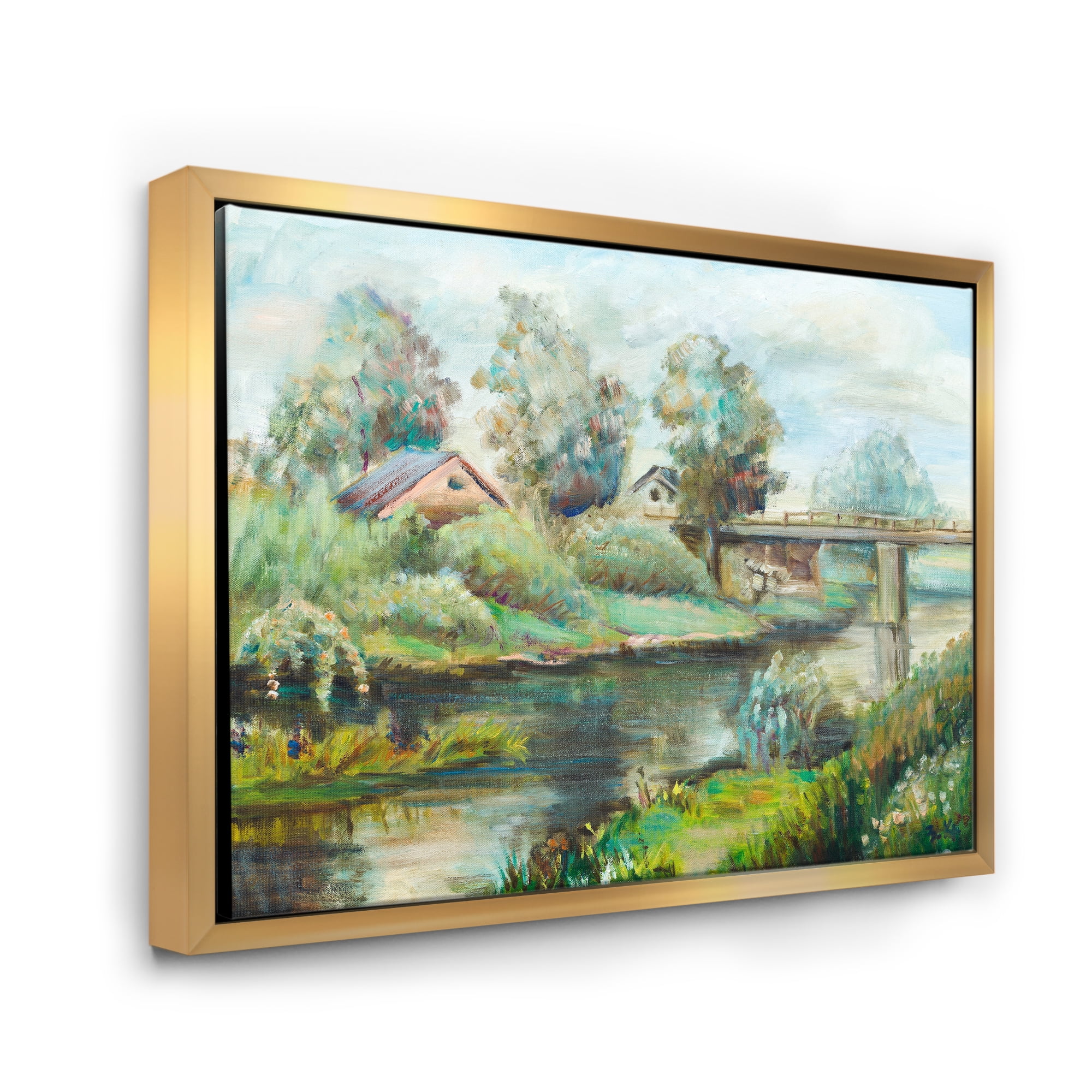 Designart 'Rustic Landscape With Bridge On The River' Lake House Framed Canvas Wall Art Print
