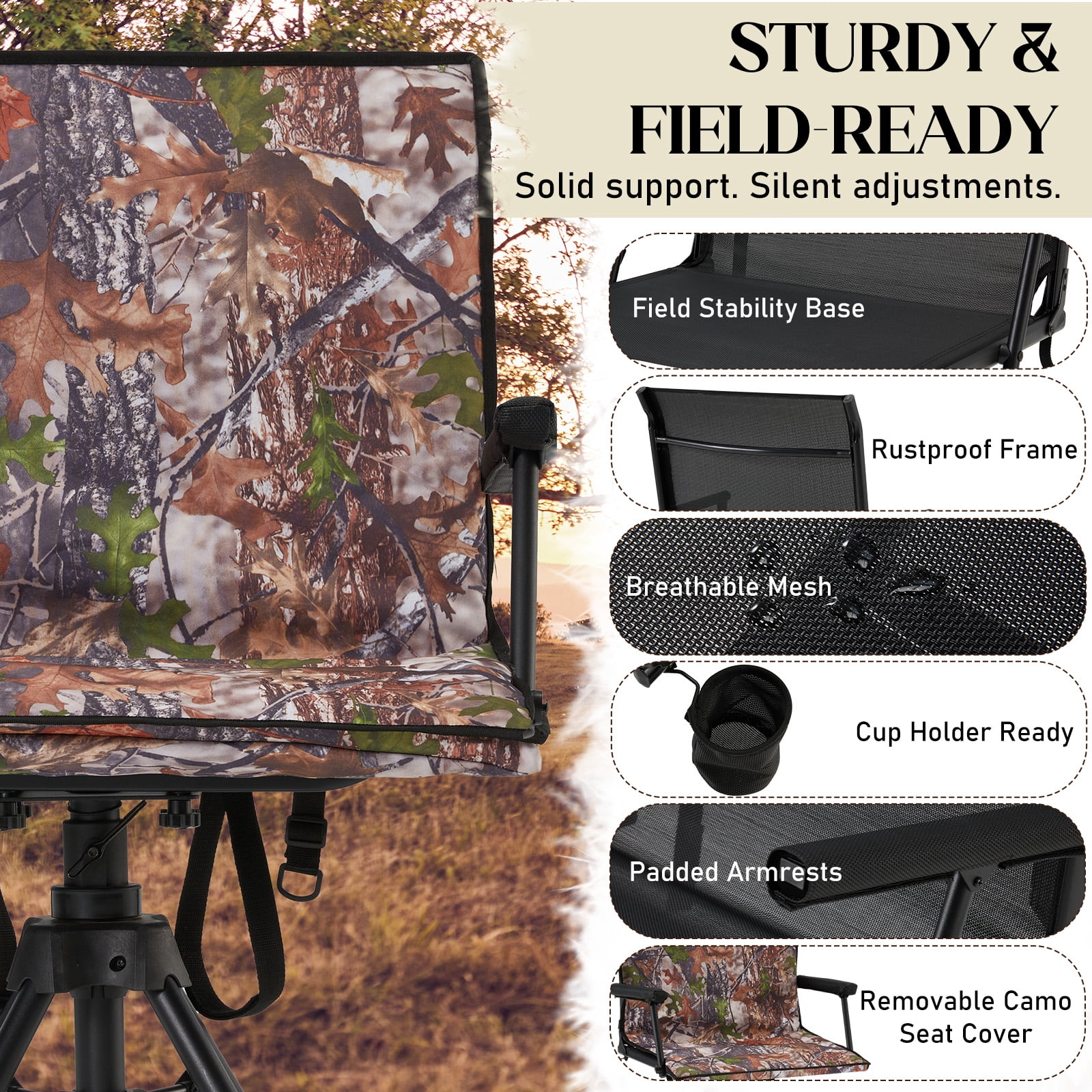 Bezliving 360° Silent Camo Hunting Blind Chair, Armrests, Side Pouch, Telescopic Legs