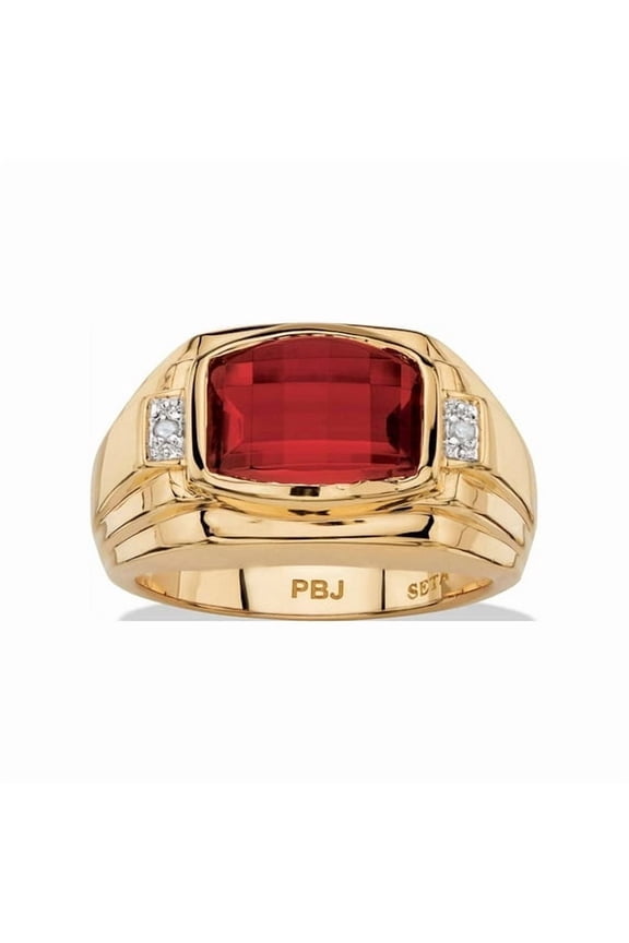 2.30Ct Men's Cushion-Cut Lab-Created Diamond Red Ruby and Diamond Accent Ring Yellow Gold-Plated