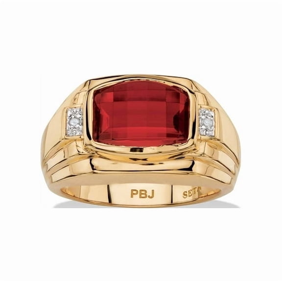 2.30Ct Men's Cushion-Cut Lab-Created Diamond Red Ruby and Diamond Accent Ring Yellow Gold-Plated
