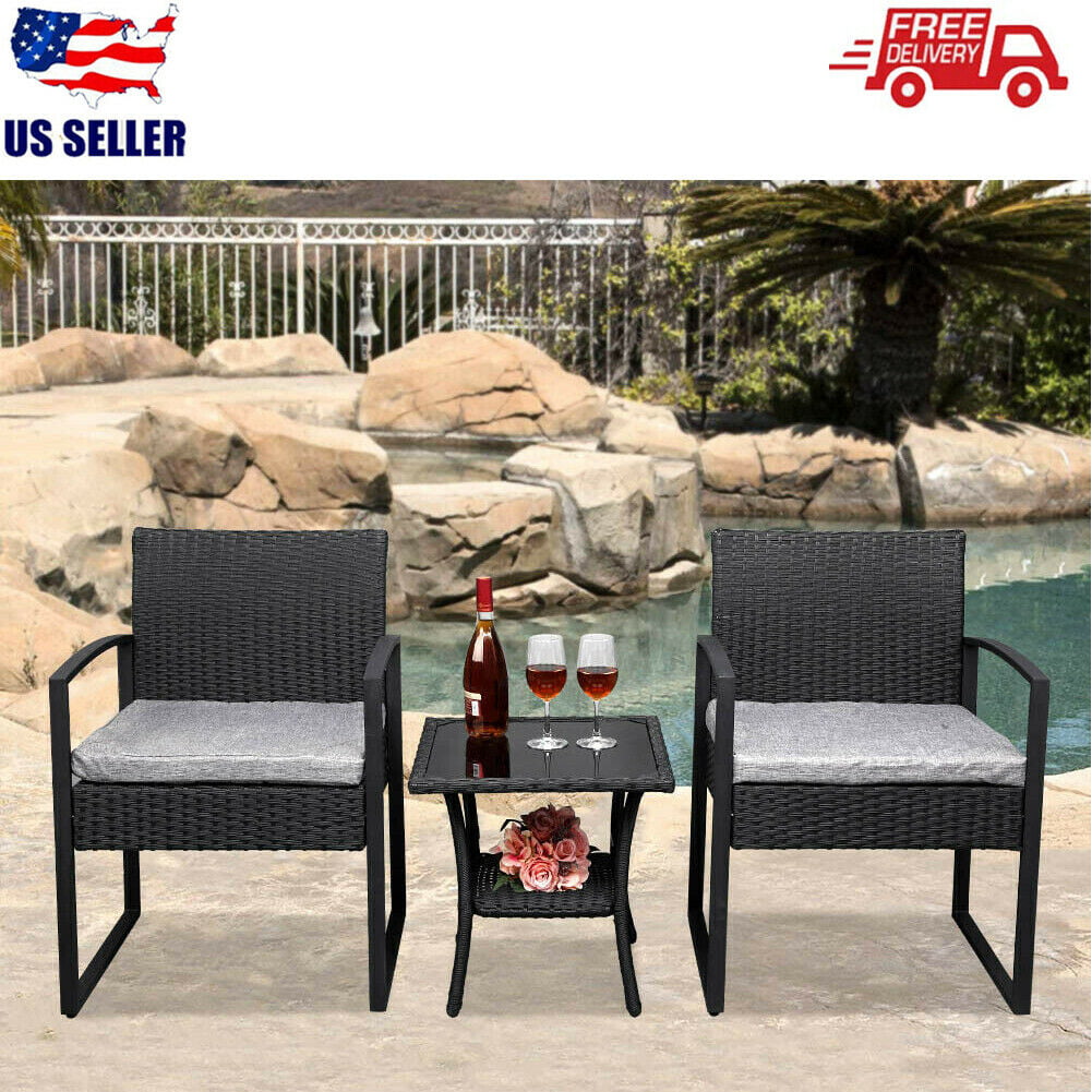 Modern Wicker Patio Furniture Sets A: Black and Red Grepatio 3 Piece Rocking Bistro Set Outdoor Rattan Chair Conversation Sets with Coffee Table for Yard and Bistro 