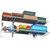 Garage Wall Shelves, 12 X 48 Inch Wall Mounted Storage Shelves, Heavy Duty Metal Shelving with Hooks, 2 Pack, White