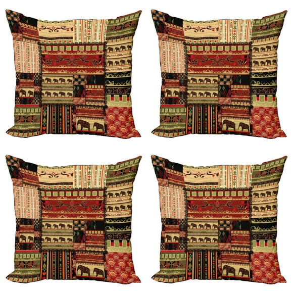 Ambesonne African Throw Pillow Cover 4 Pack, Patchwork Style, 24", Red Green Black