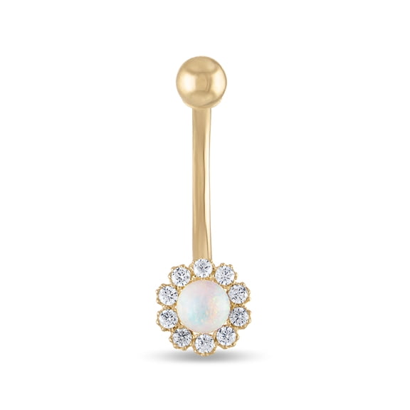 Zahav Jewelry 14K Solid Gold 14 Gauge Flower Shaped Belly Ring With Opal and Cubic Zirconia