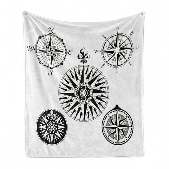 Compass Soft Flannel Fleece Throw Blanket, Highly Detailed 5 Windroses Compass Angles Directions Navigation in the Sea, Cozy Plush for Indoor and Outdoor Use, 50" x 70", Black and White, by Ambesonne